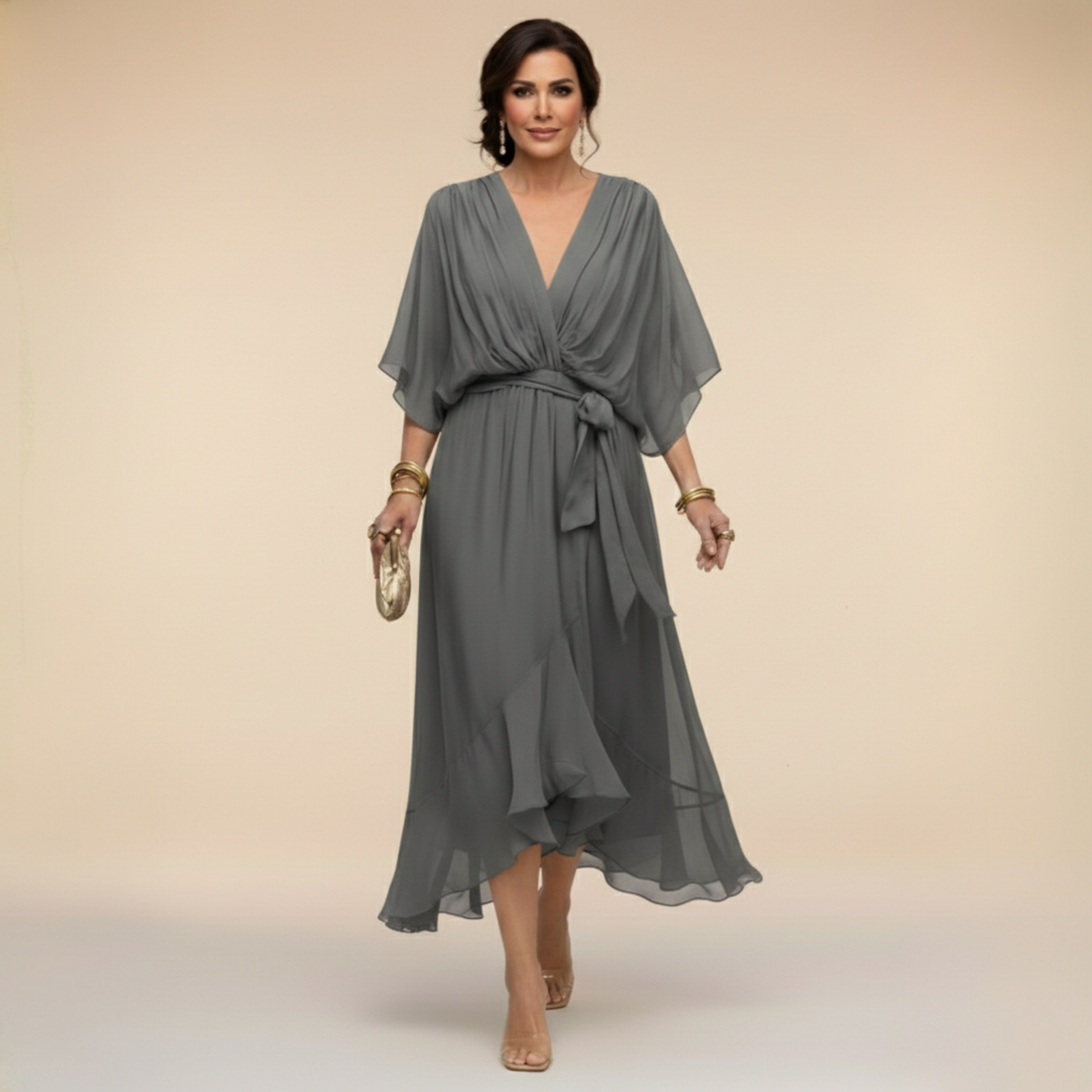 Aurora: Vestido midi fluido con escote en V y cintura ajustable en gris