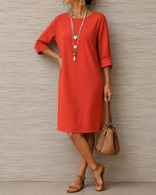 Juana: Vestido midi holgado con bolsillos en rojo anaranjado