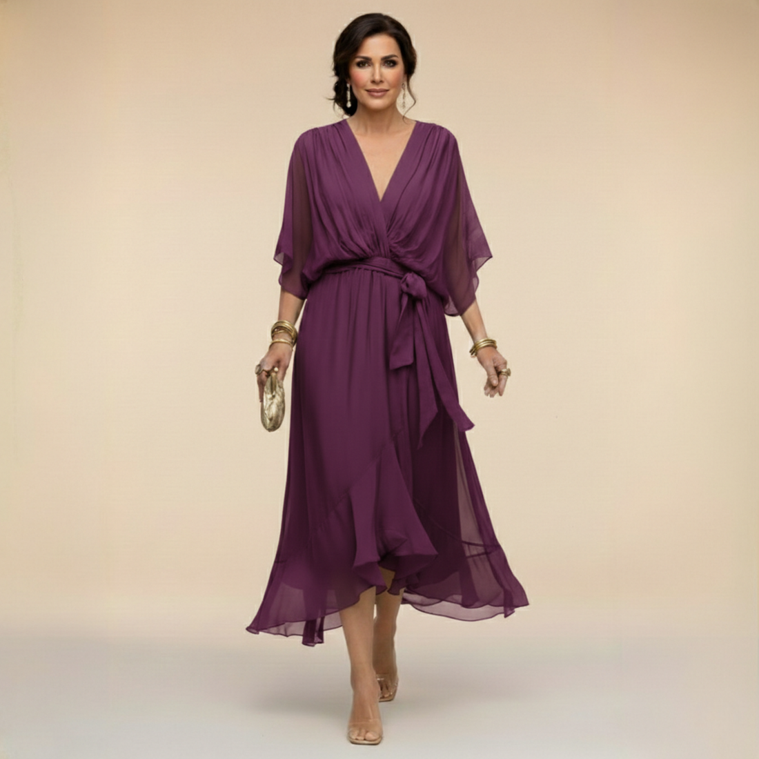 Aurora: Vestido midi fluido con escote en V y cintura ajustable en púrpura