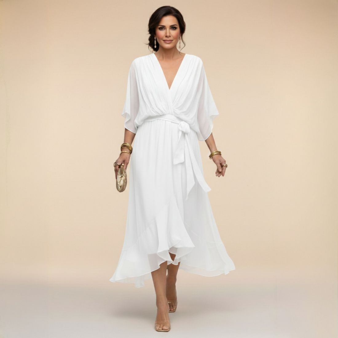 Aurora: Vestido midi fluido con escote en V y cintura ajustable en blanco