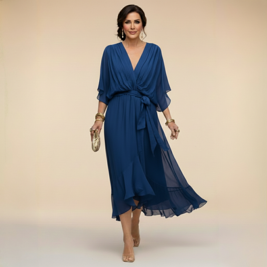 Aurora: Vestido midi fluido con escote en V y cintura ajustable en azul marino