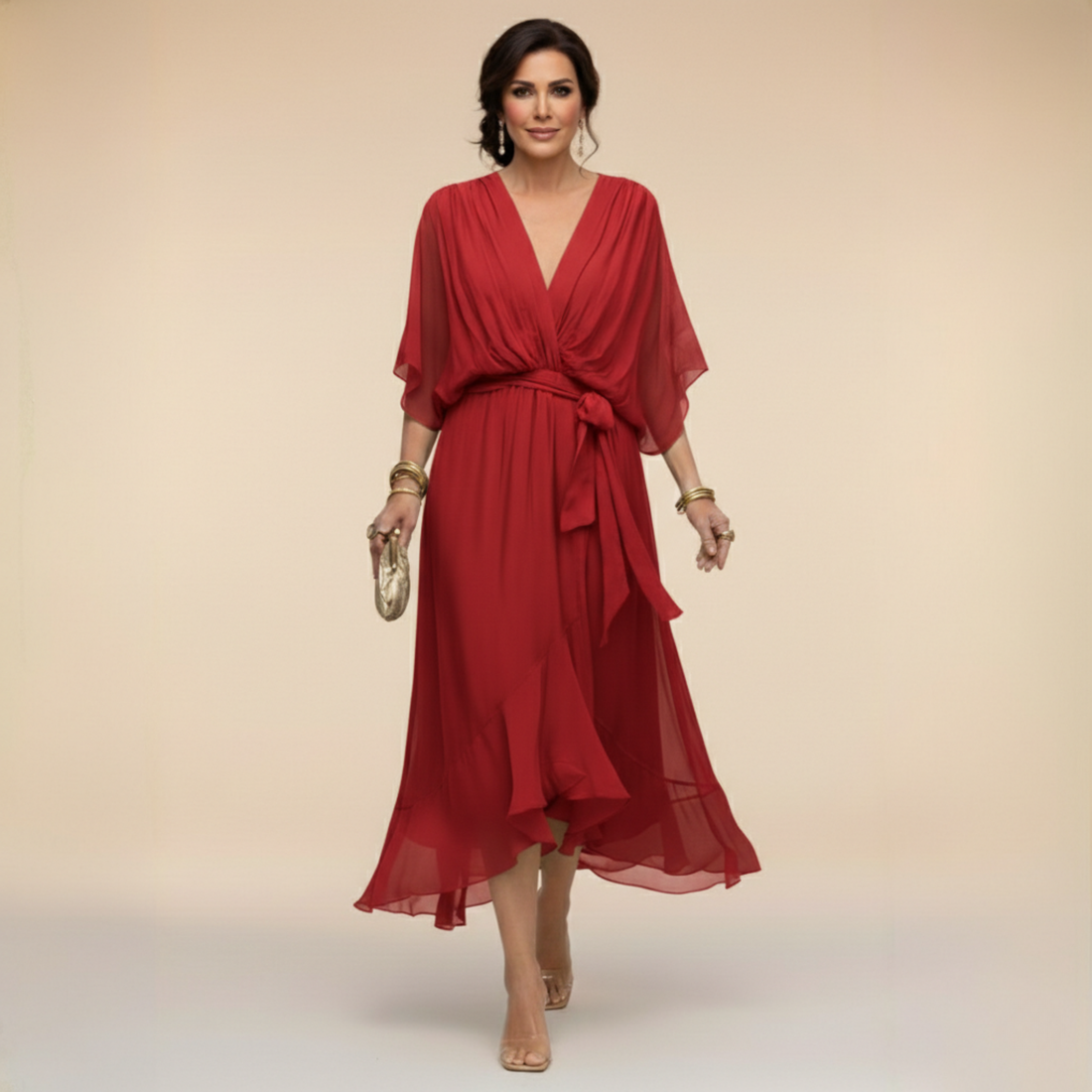 Aurora: Vestido midi fluido con escote en V y cintura ajustable en rojo