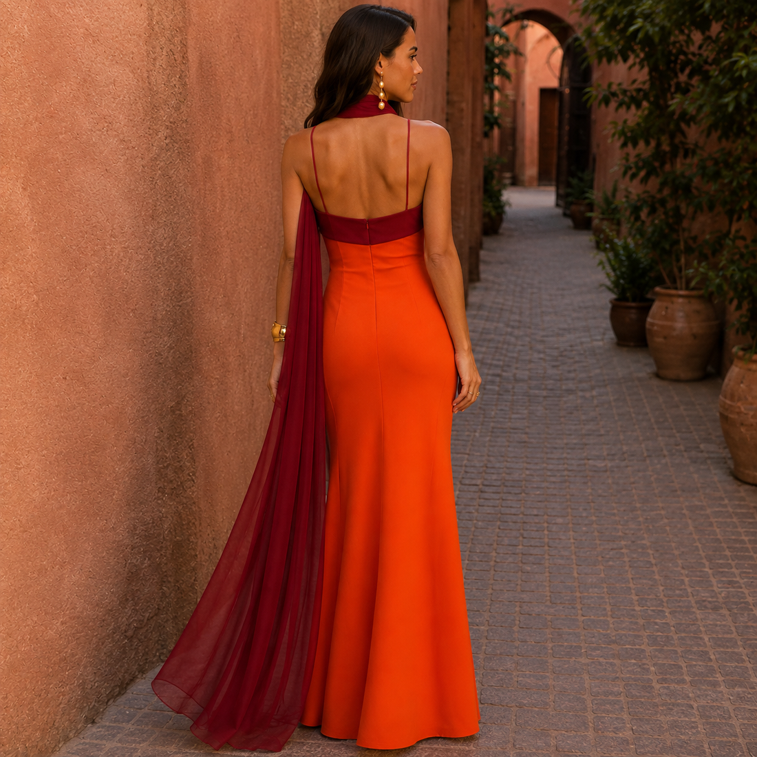 Nerea: Vestido largo bicolor con lazo