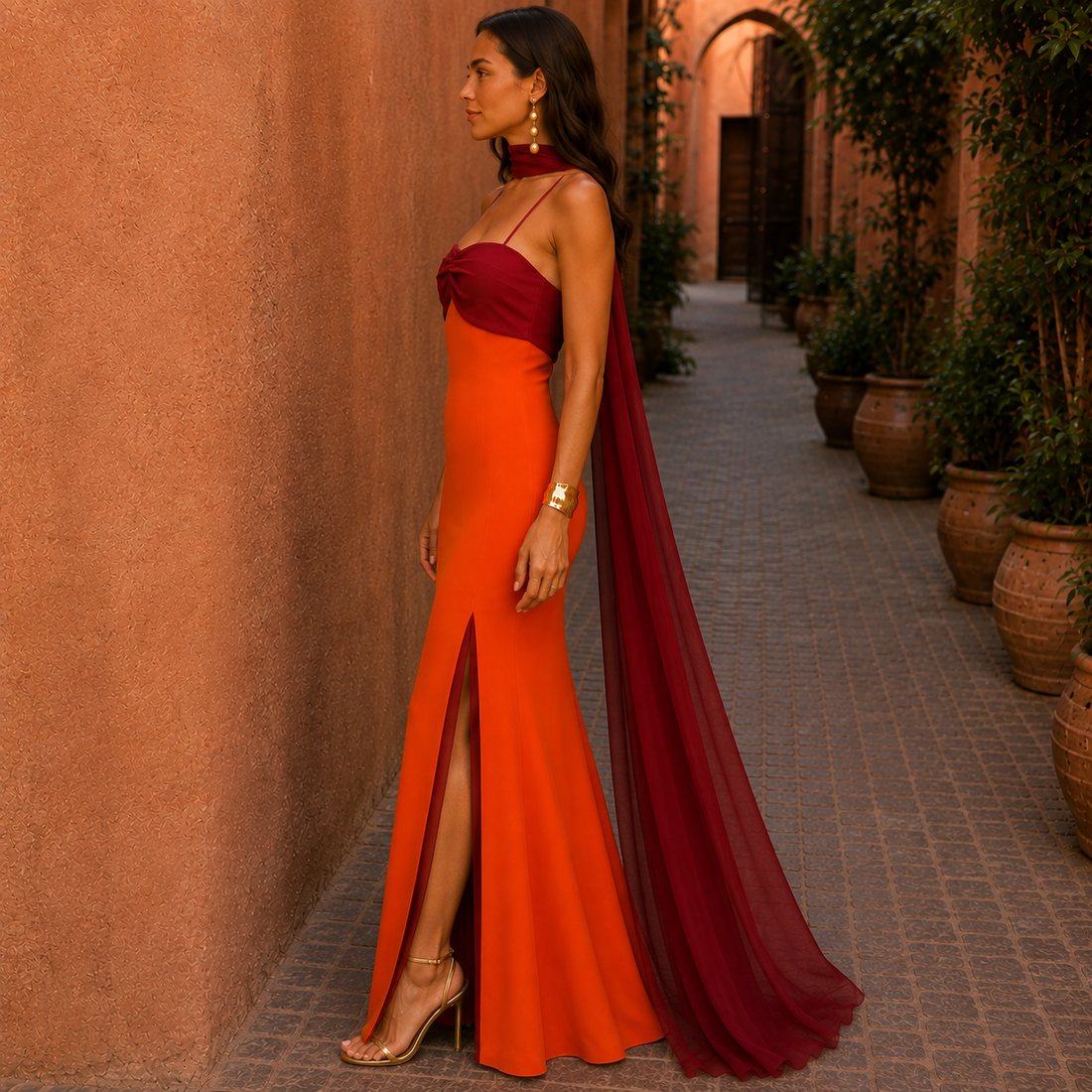 Nerea: Vestido largo bicolor con lazo