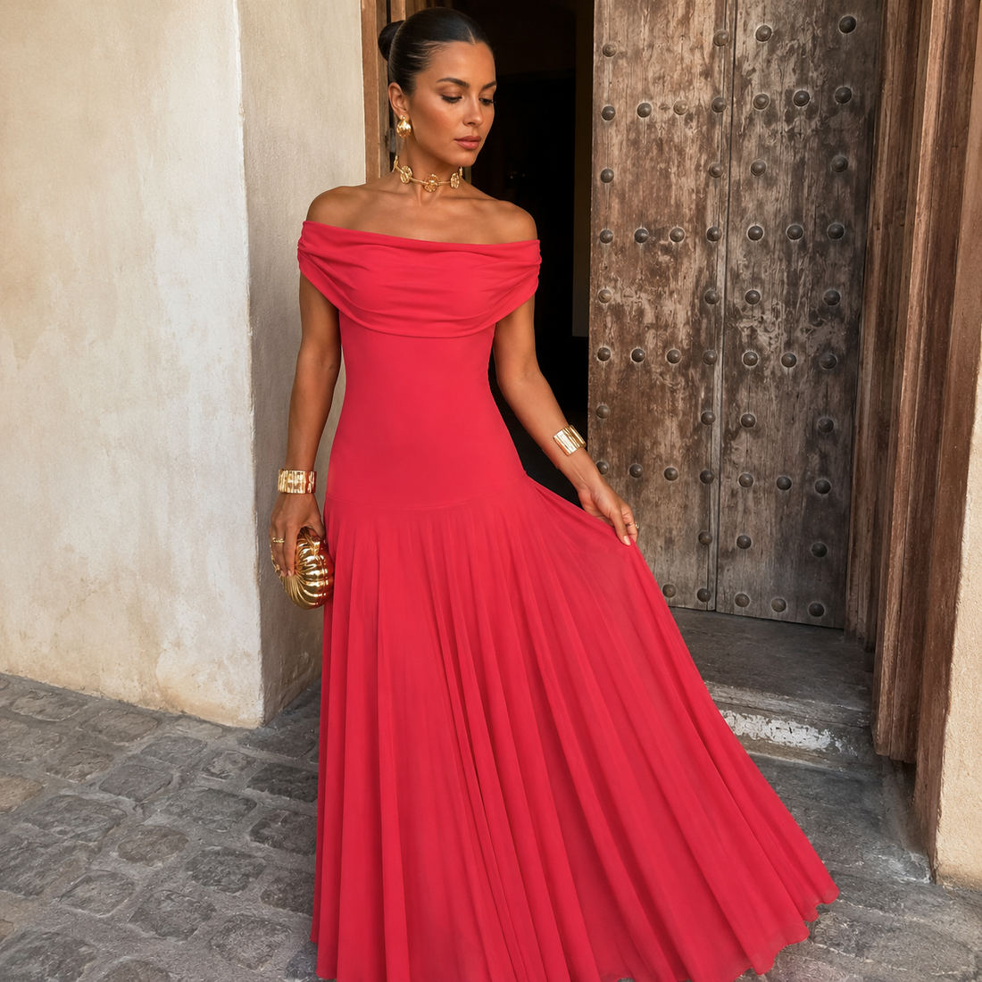 Serena: Vestido largo con escote Bardot