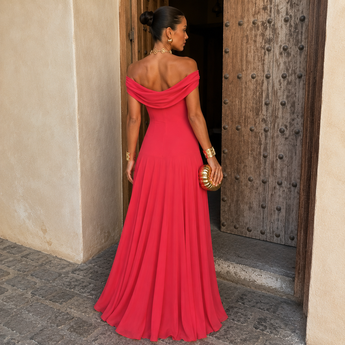 Serena: Vestido largo con escote Bardot