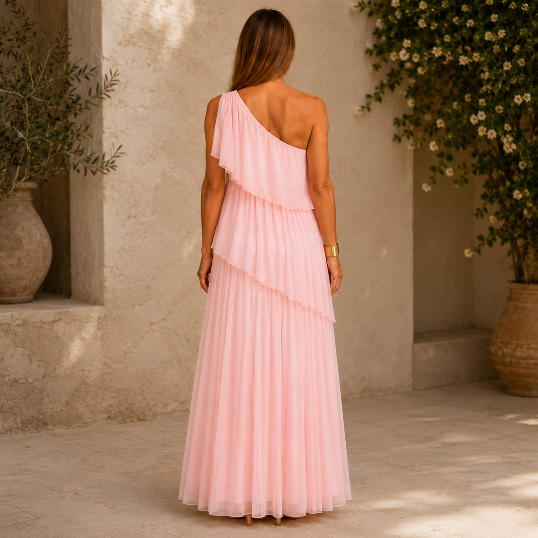 Almudena: Vestido largo plisado asimétrico