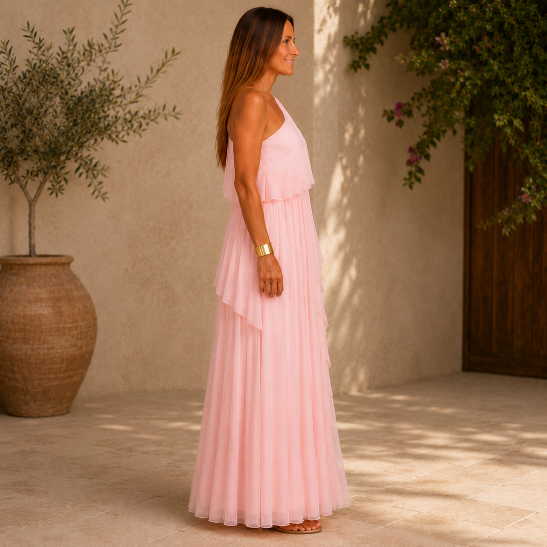 Almudena: Vestido largo plisado asimétrico