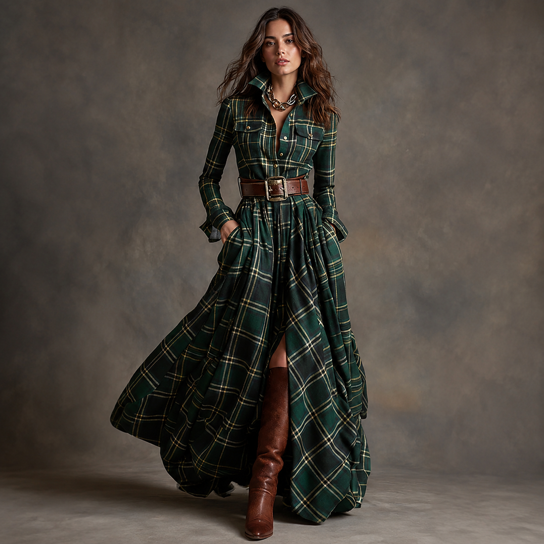 Candela: Vestido largo de cuadros con cinturón