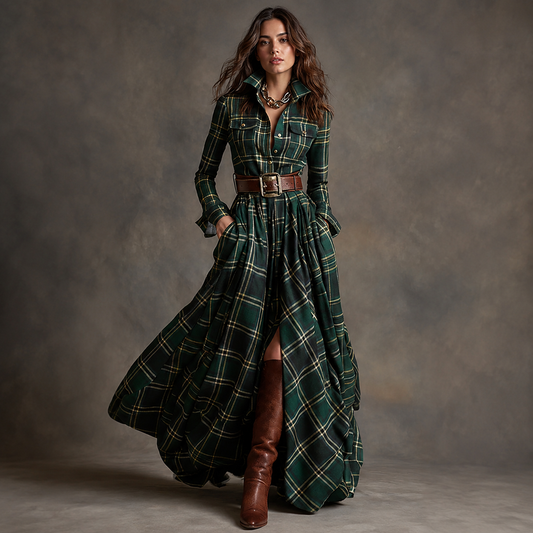 Candela: Vestido largo de cuadros con cinturón