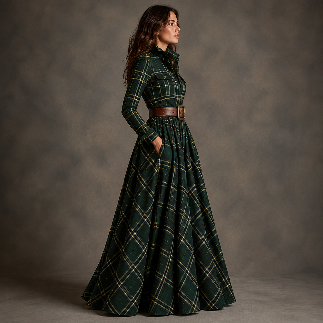 Candela: Vestido largo de cuadros con cinturón
