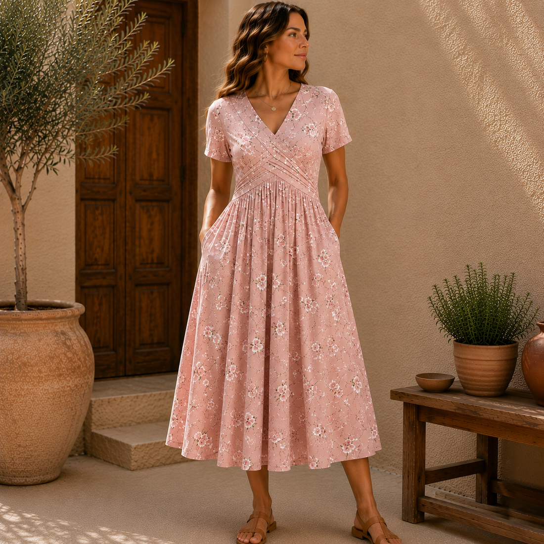 Leticia: Vestido midi floral con escote en V en rosa