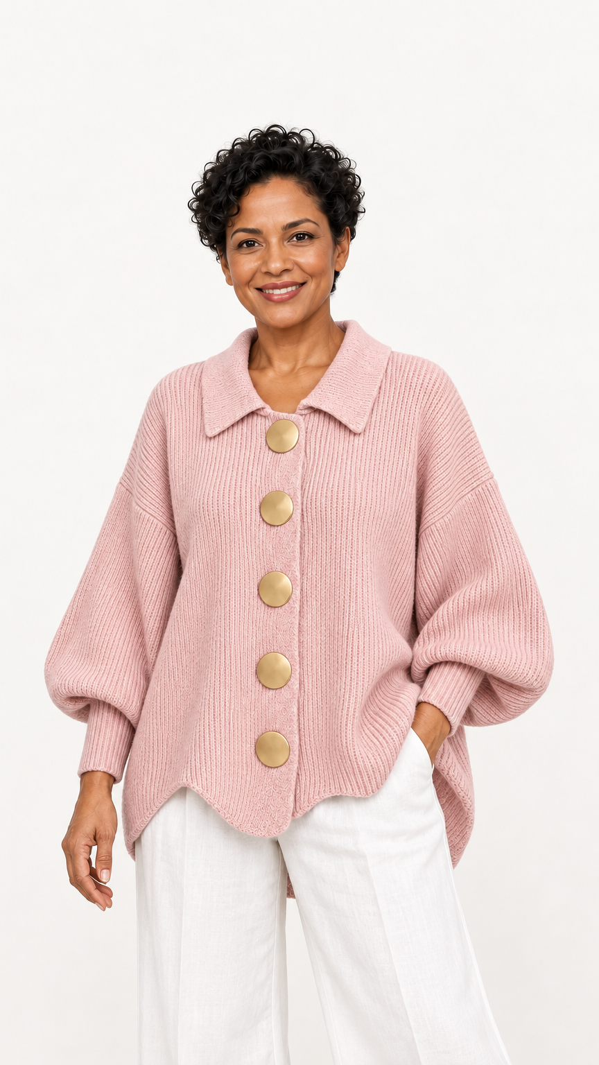 Clara: Cárdigan oversize de punto con botones dorados en rosa