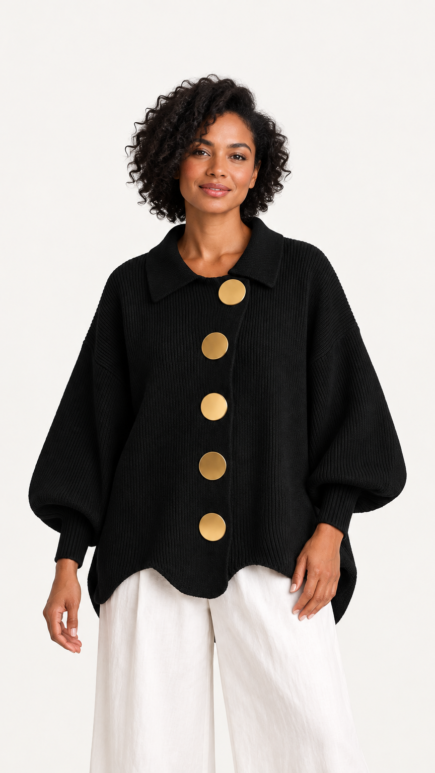 Clara: Cárdigan oversize de punto con botones dorados en negro
