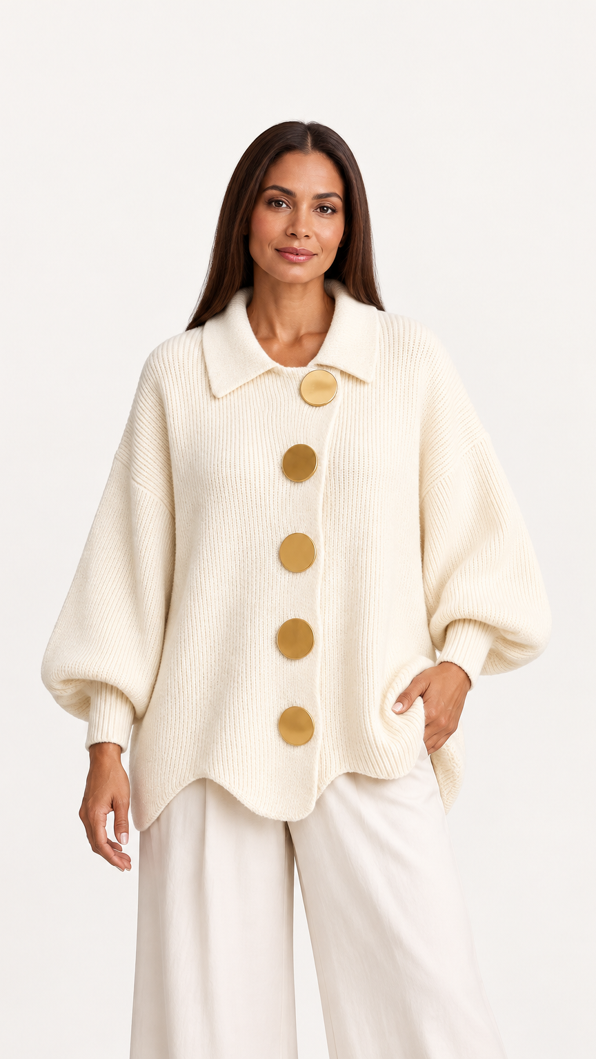 Clara: Cárdigan oversize de punto con botones dorados en blanco