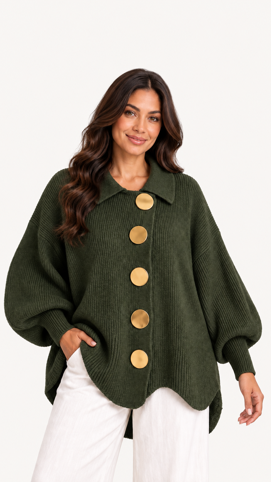 Clara: Cárdigan oversize de punto con botones dorados en verde oliva