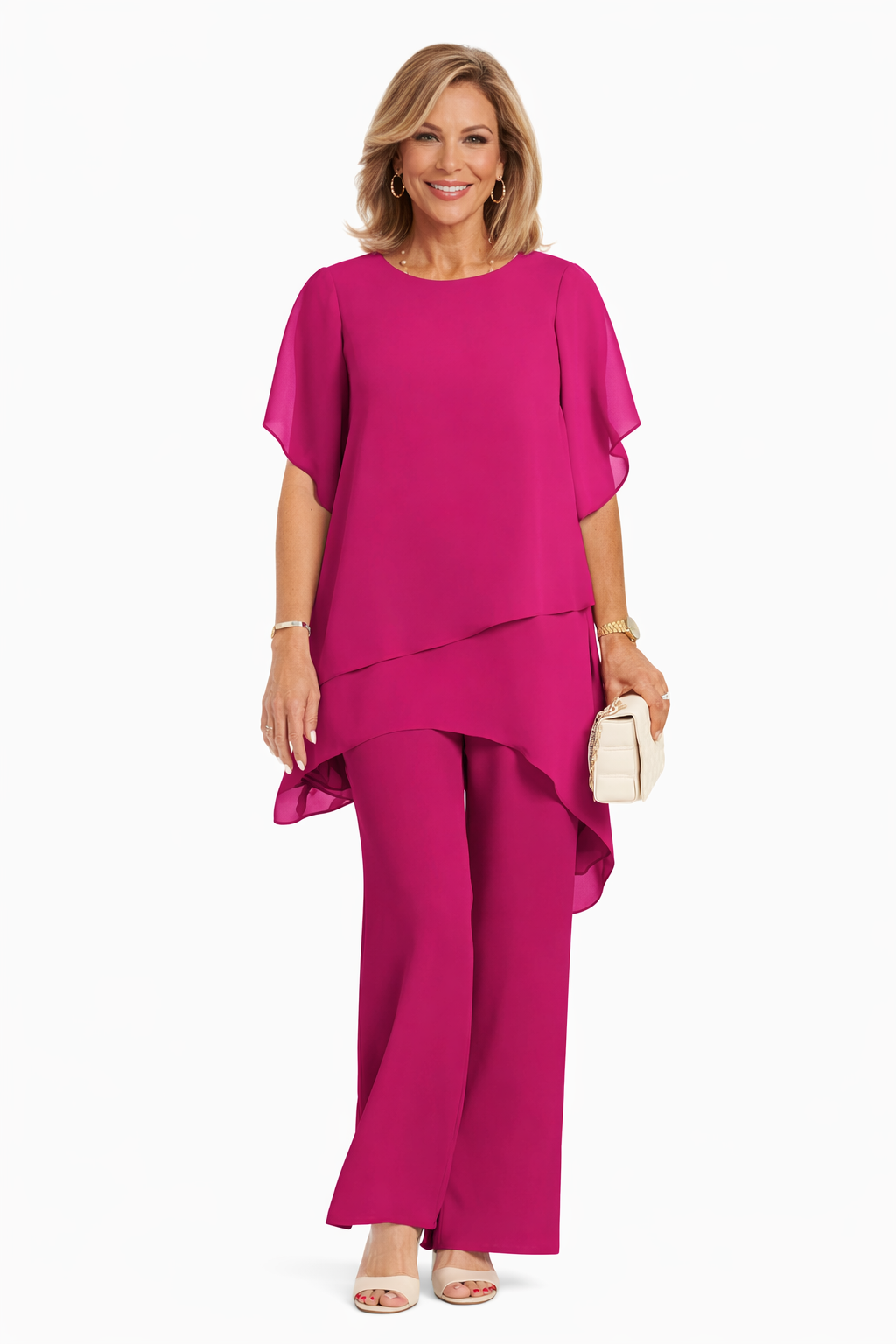 Greta: Conjunto fluido de dos piezas con pantalón ancho en fucsia
