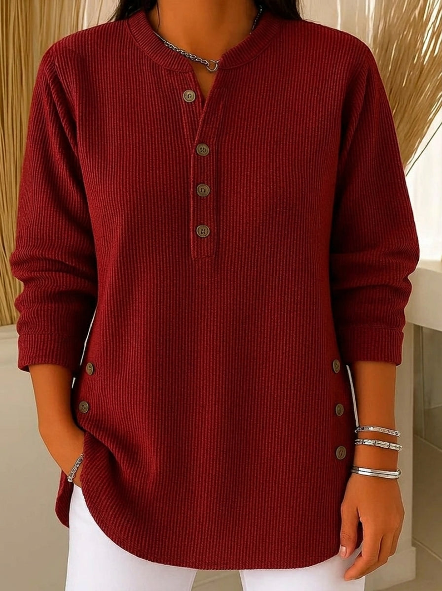 Nieves: Túnica de punto con escote Henley en burdeos