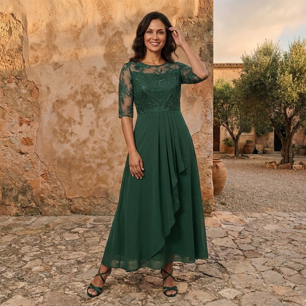 Lola: Vestido de gasa con cuerpo de encaje en verde