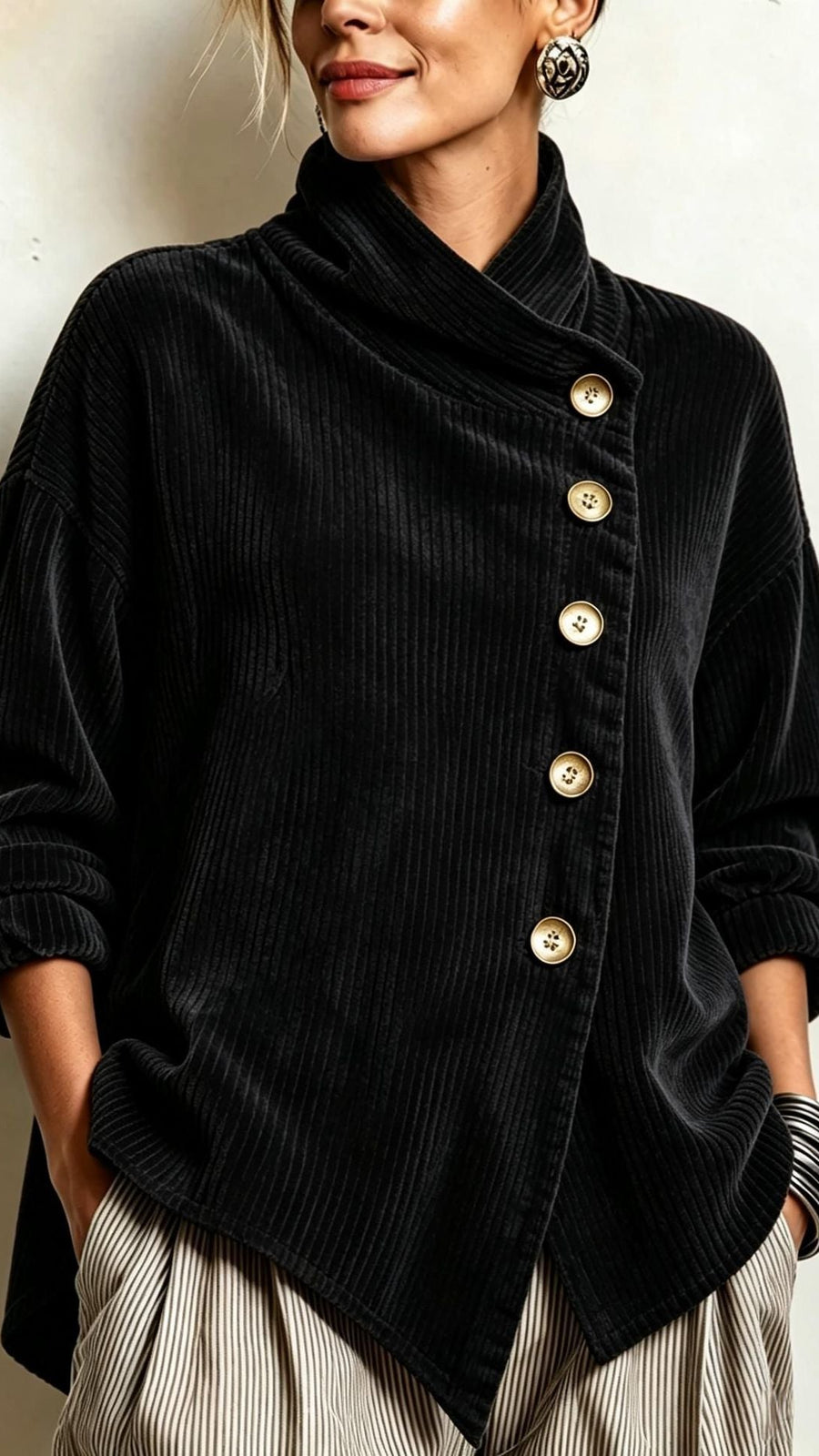Tatiana: Jersey de pana con cuello abotonado en negro