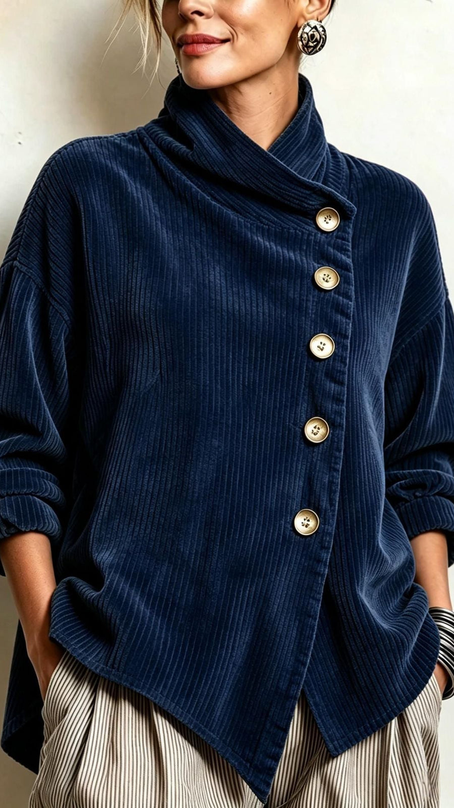 Tatiana: Jersey de pana con cuello abotonado en azul marino