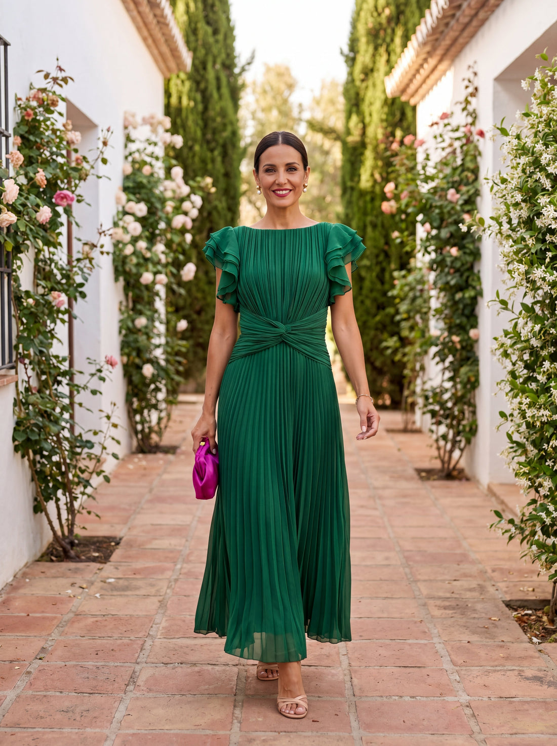 Vestido maxi plisado Paloma en verde