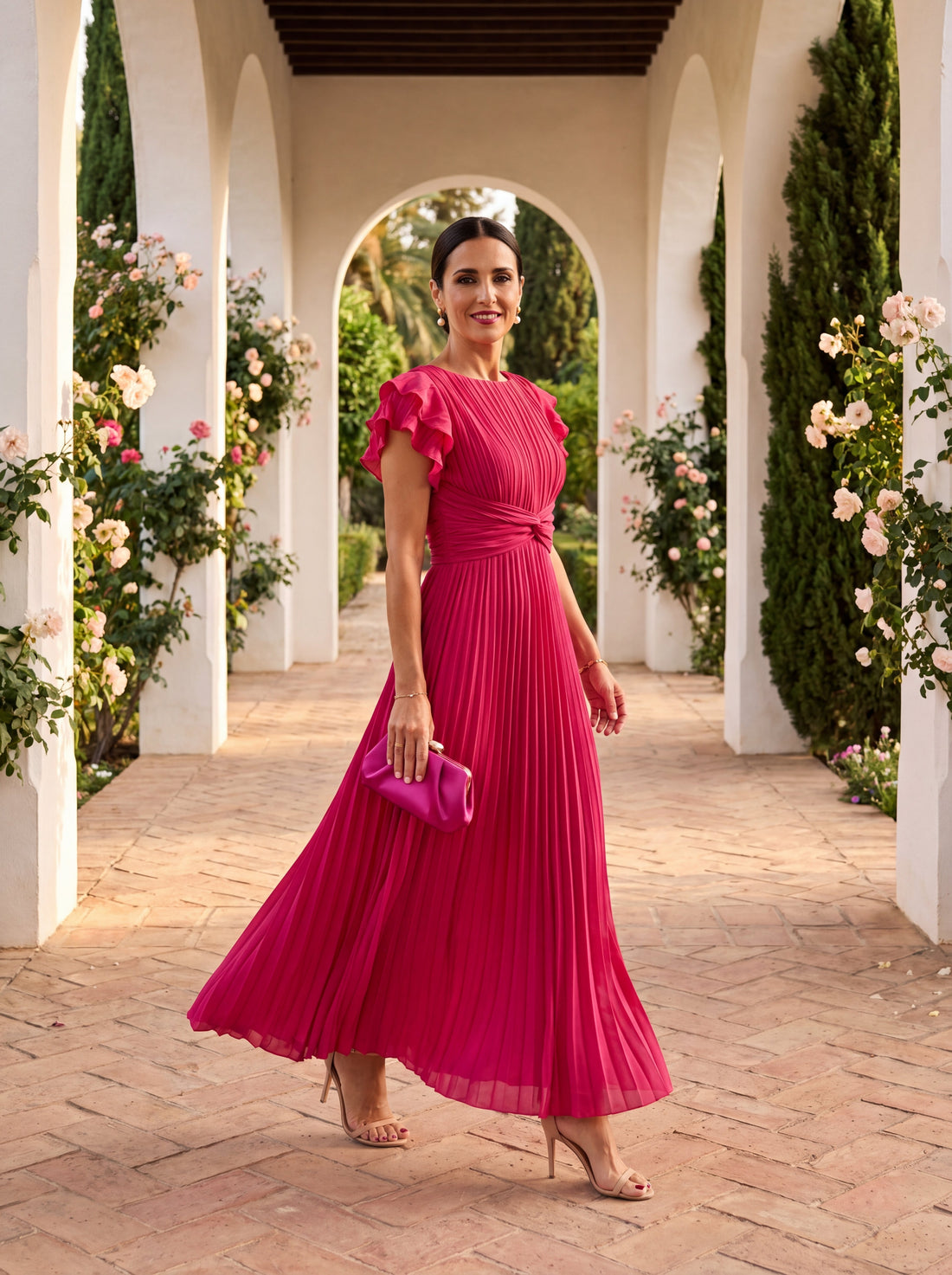 Vestido maxi plisado Paloma en rosa, en movimiento