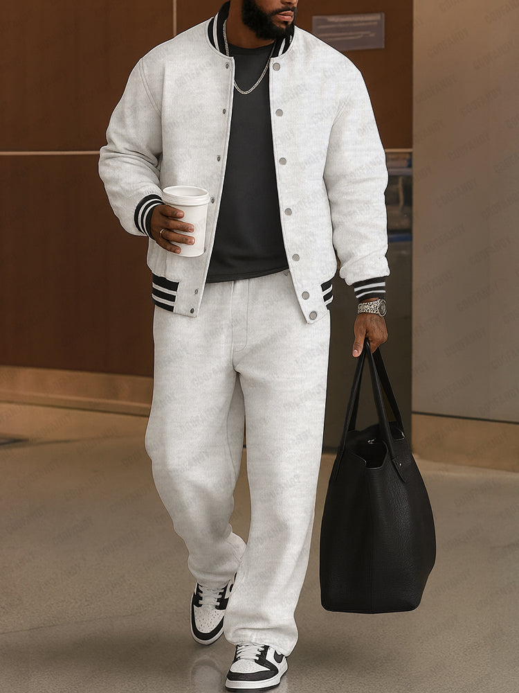 Marcos: Conjunto de chaqueta y pantalón con ribetes de rayas en gris y blanco