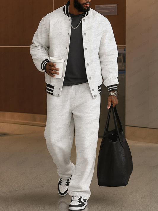 Marcos: Conjunto de chaqueta y pantalón con ribetes de rayas en gris y blanco