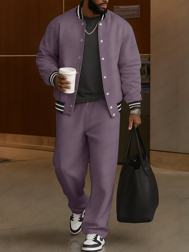 Marcos: Conjunto de chaqueta y pantalón con ribetes de rayas en morado