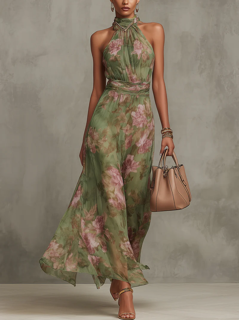 Lidia: Vestido maxi halter con estampado floral