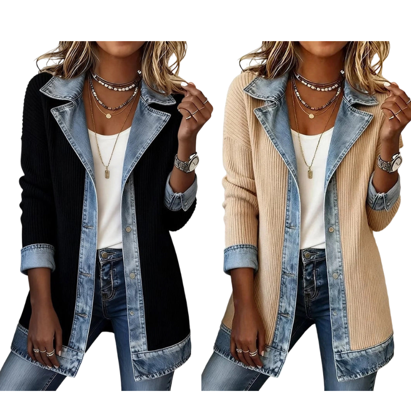 Susana: Chaqueta de punto acanalado con detalles vaqueros