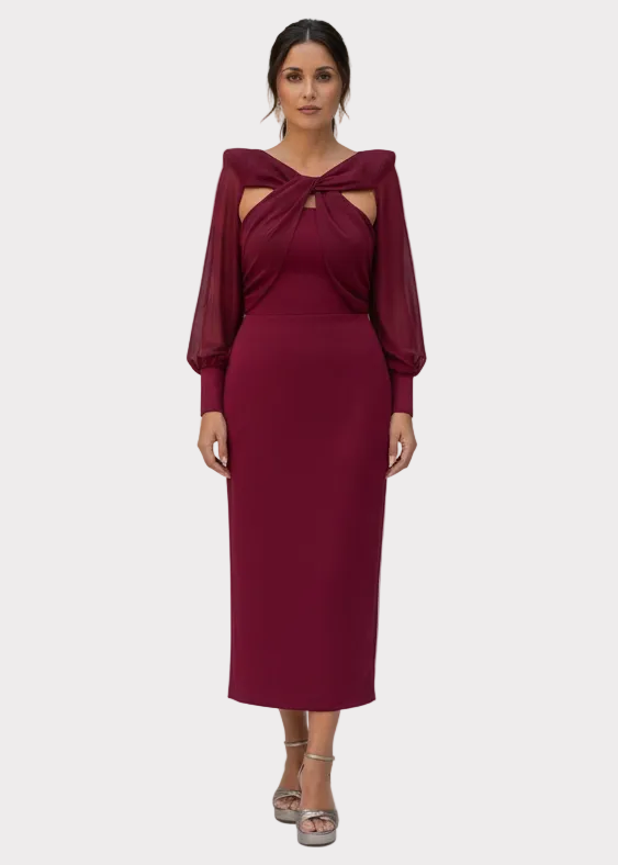Rebeca: Vestido midi rojo cruzado con manga