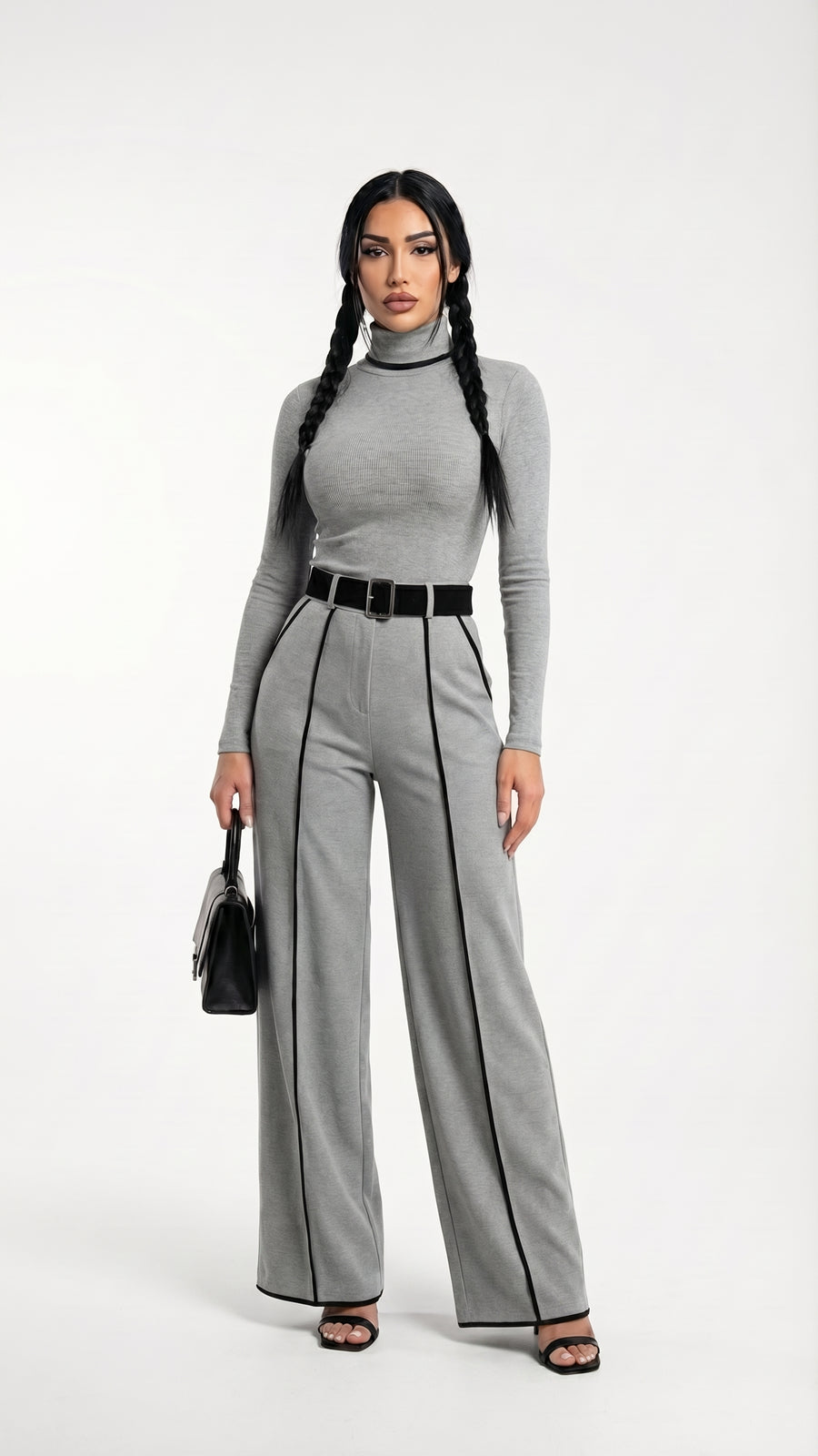 Roberta: Pantalón de pierna ancha con ribete en contraste en gris