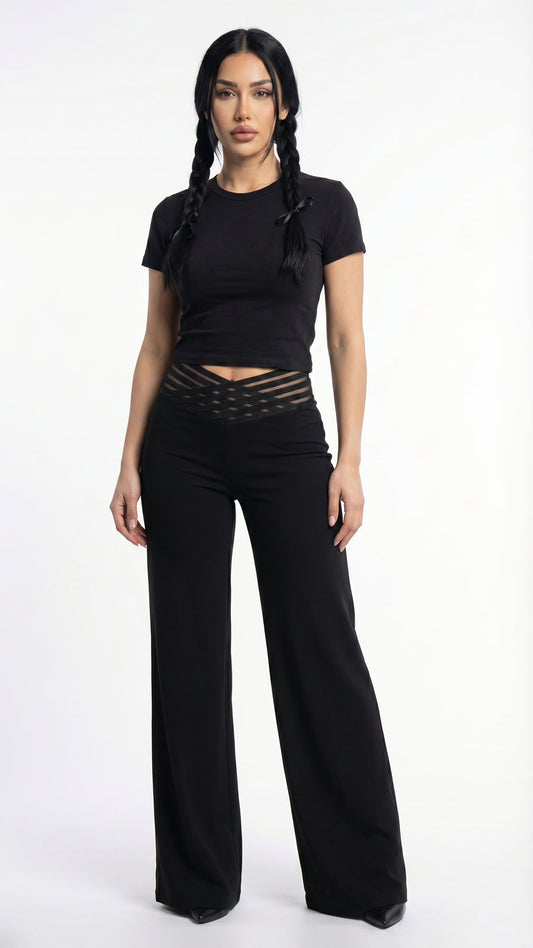 Nadia: Pantalón de fiesta con cintura de bandas cruzadas en negro