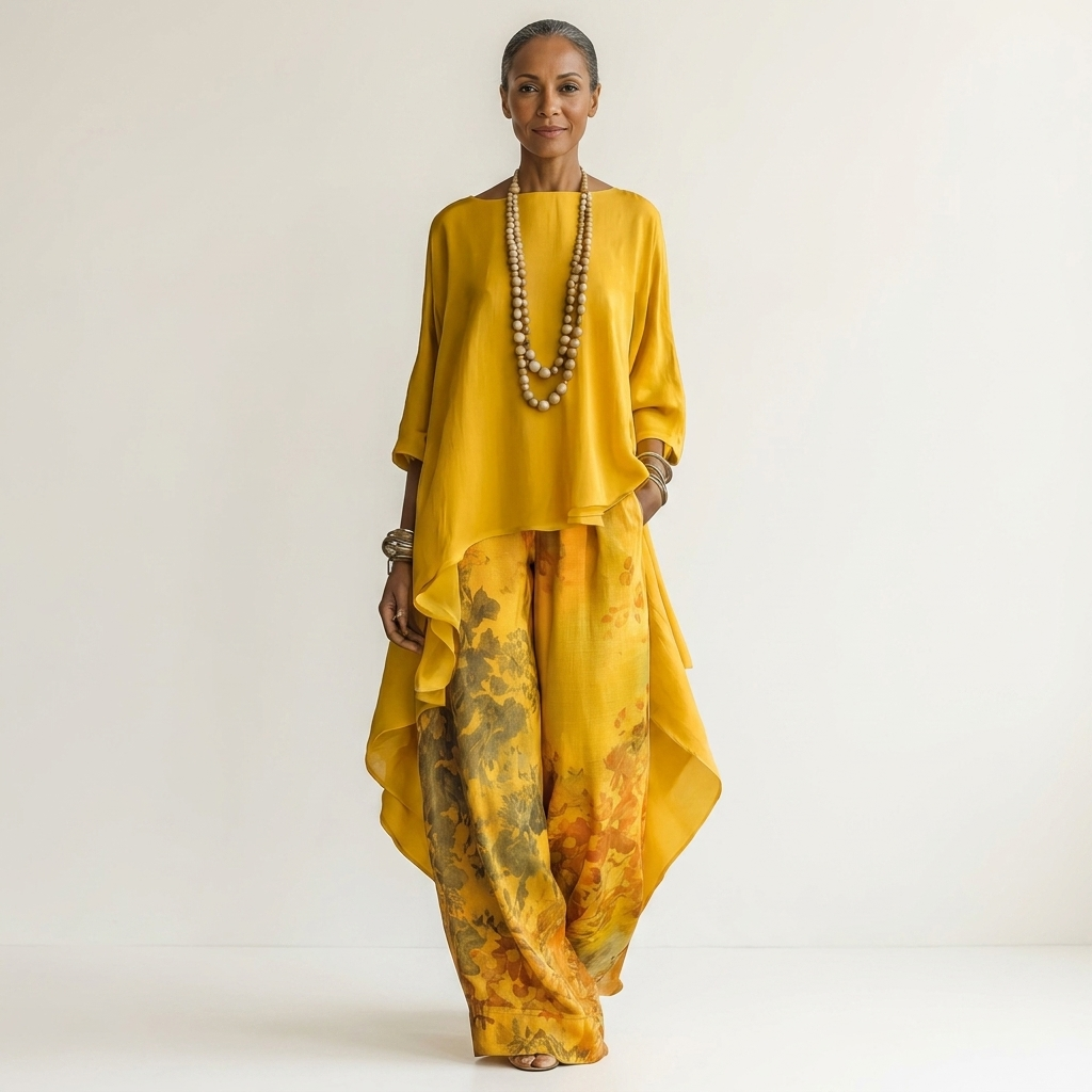 Carlota: Conjunto de túnica asimétrica y pantalón estampado en amarillo