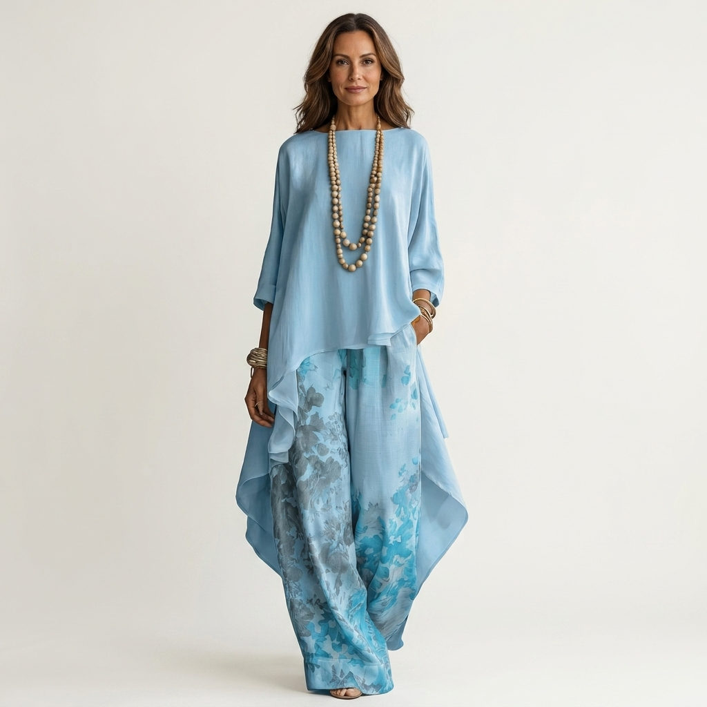 Carlota: Conjunto de túnica asimétrica y pantalón estampado en azul