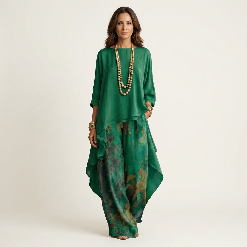 Carlota: Conjunto de túnica asimétrica y pantalón estampado en verde