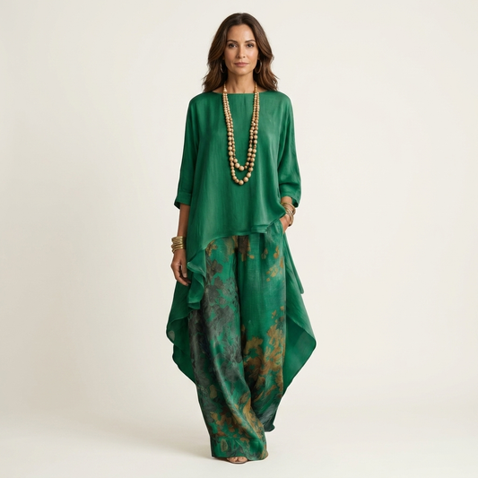 Carlota: Conjunto de túnica asimétrica y pantalón estampado en verde