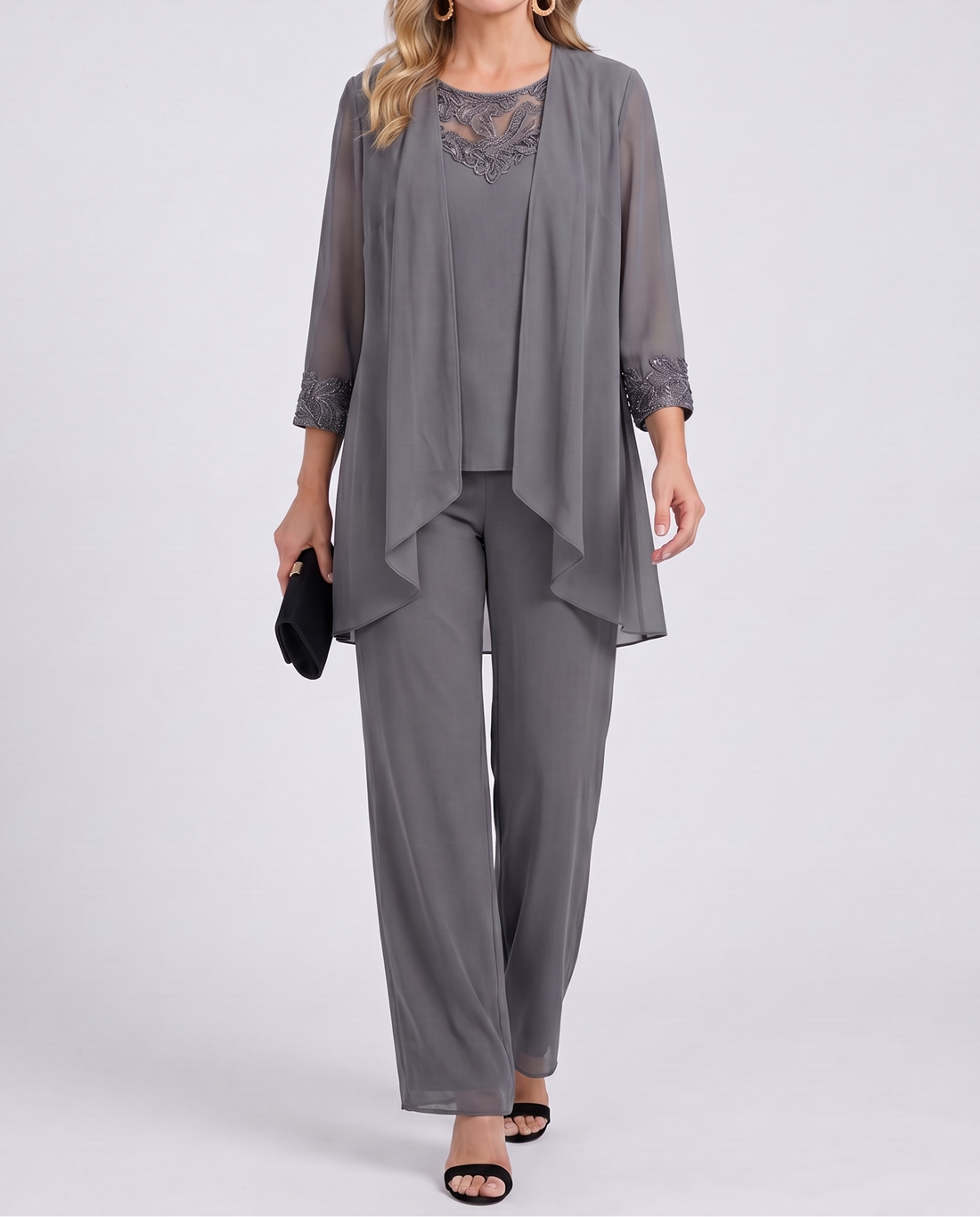 Jimena: Conjunto de chaqueta fluida y pantalón palazzo en gris