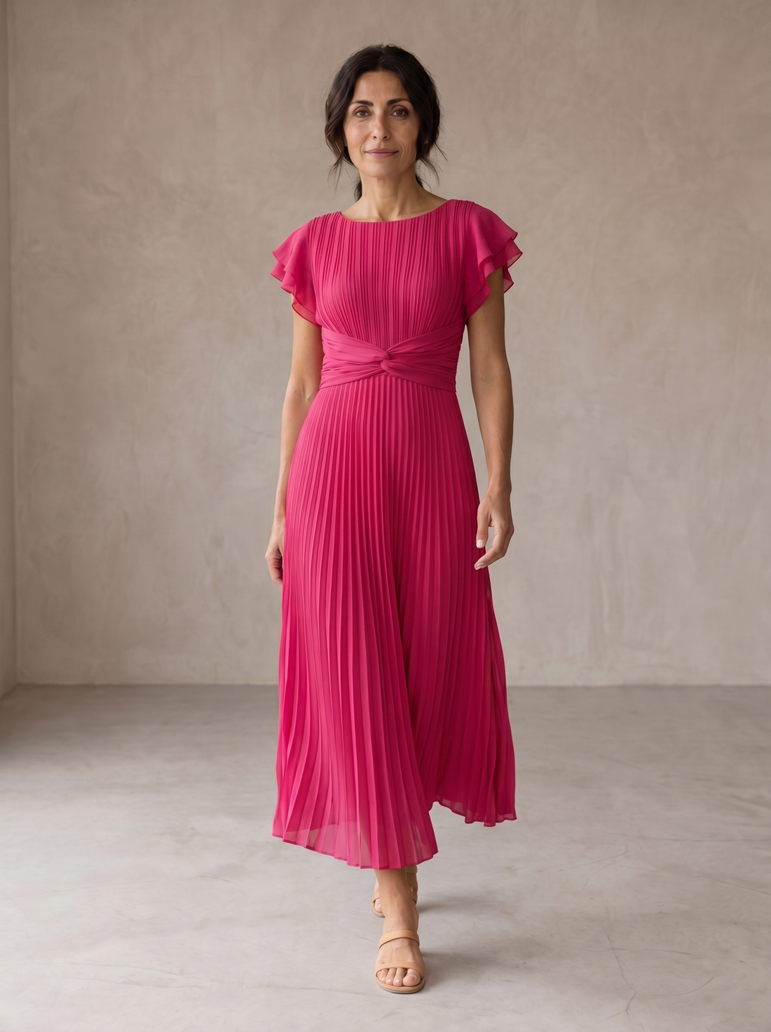 Vestido maxi plisado Paloma en rosa, de frente