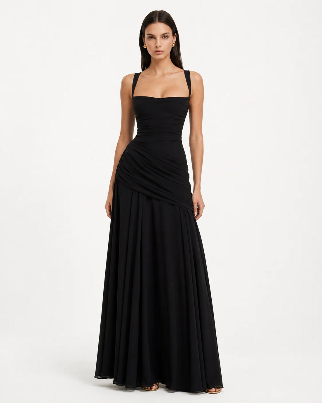 Eva: Vestido largo con escote cuadrado fruncido en negro