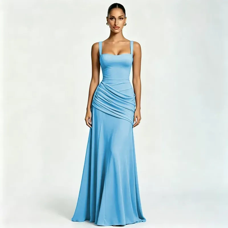 Eva: Vestido largo con escote cuadrado fruncido en azul cielo