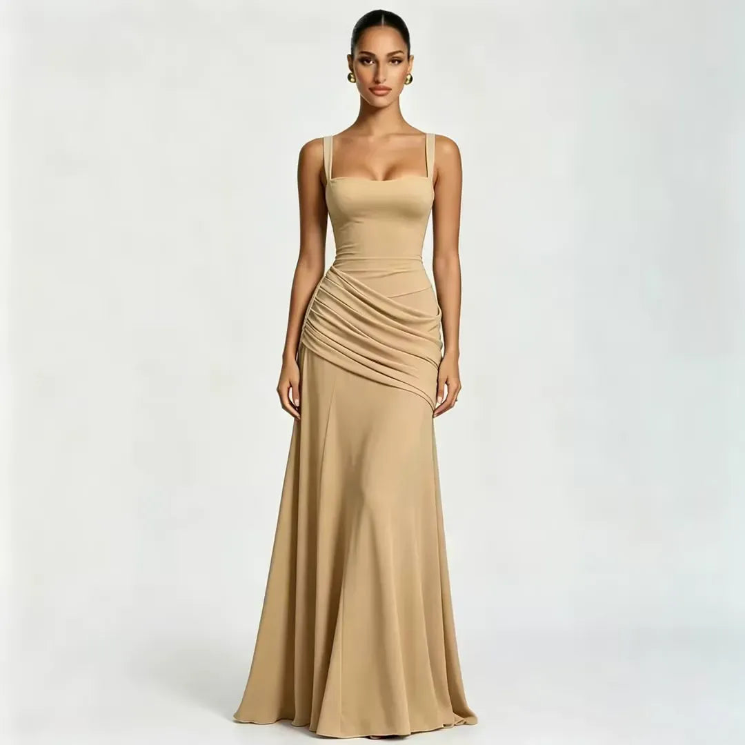 Eva: Vestido largo con escote cuadrado fruncido en caqui