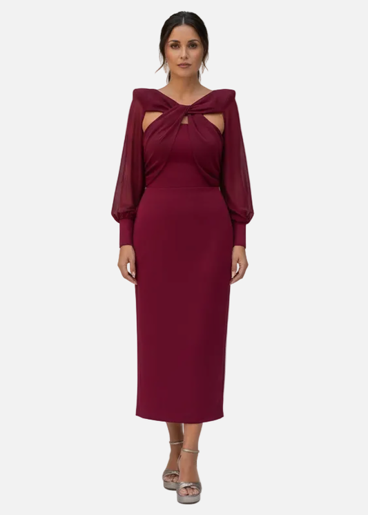 Rebeca: Vestido midi rojo cruzado con manga