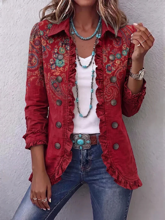 Natividad: Chaqueta ligera con estampado de cachemir y volantes