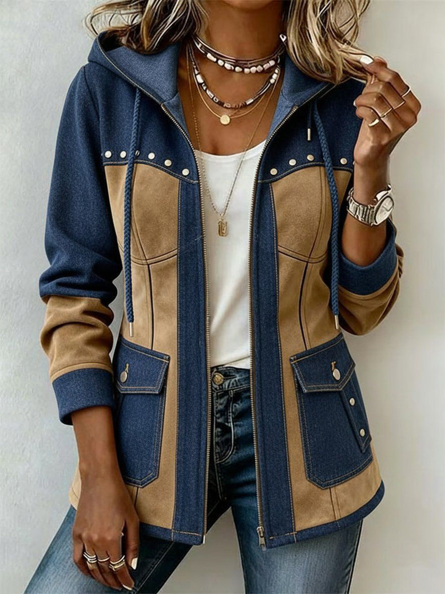 Adriana: Chaqueta con capucha en azul marino y camel en azul marino y camel
