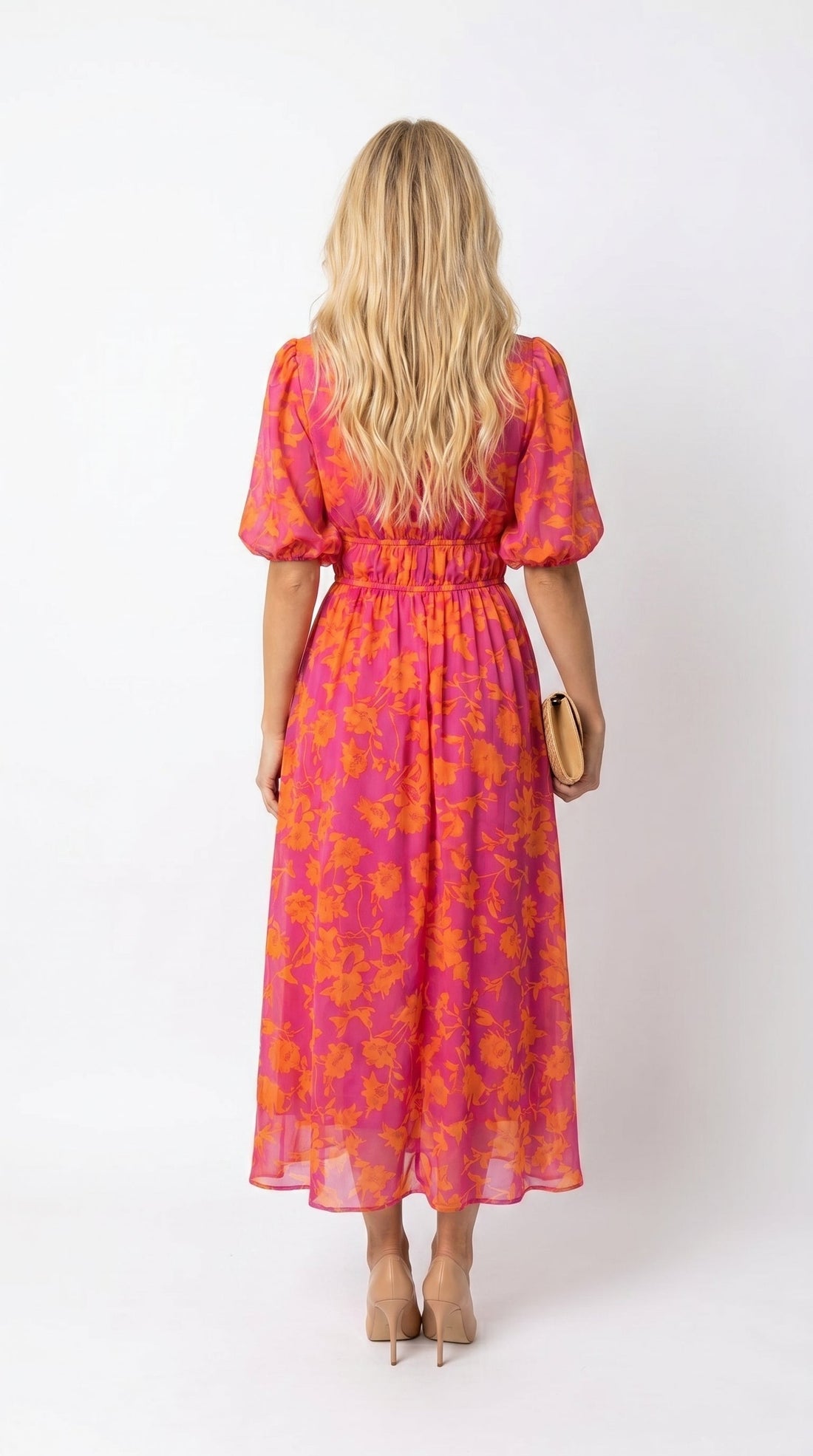 Olivia: Vestido midi con mangas abullonadas y cintura fruncida