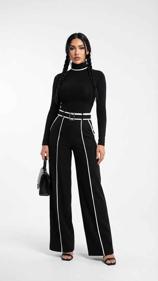 Roberta: Pantalón de pierna ancha con ribete en contraste en negro