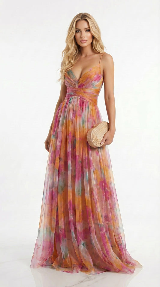 Gisela: Vestido floral multicolor de caída vaporosa en naranja